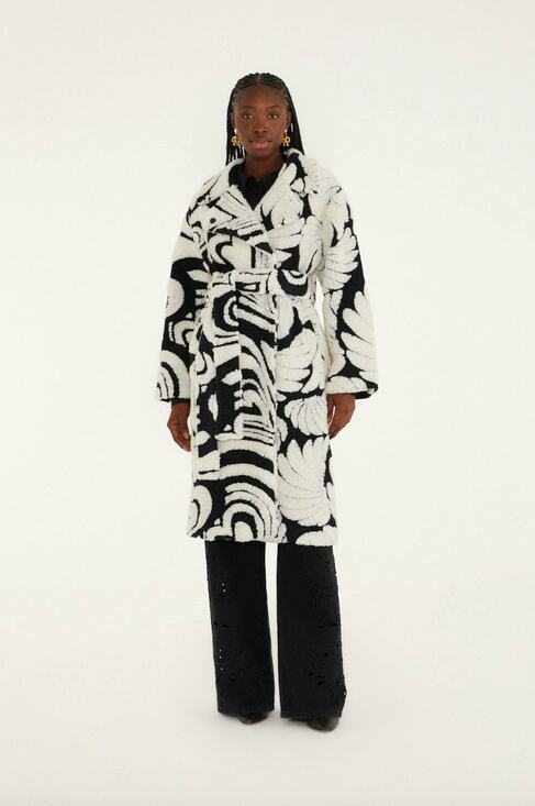 FARM Rio Jackets & Blazers - NWT FARM Rio Hearts & Bananas Fleece Coat Black White Belted Wool Blend Size S